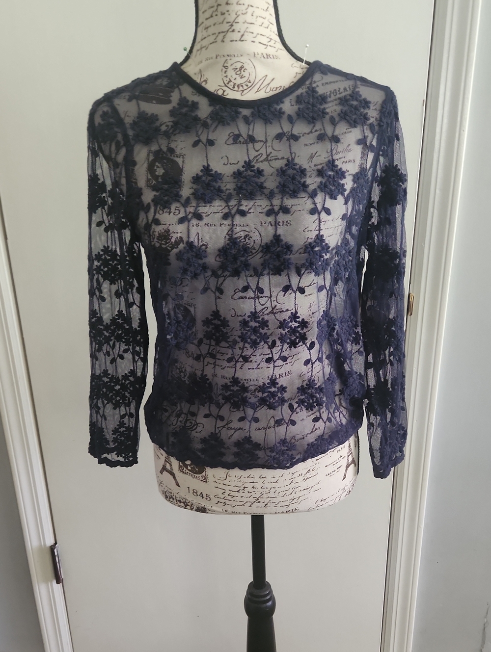Express Navy Sheer Floral Lace Long-Sleeve Top